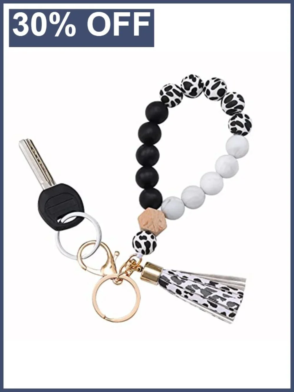 Silicone Beaded Key Ring Bracelet Wristlet Keychain with Leather Tassel